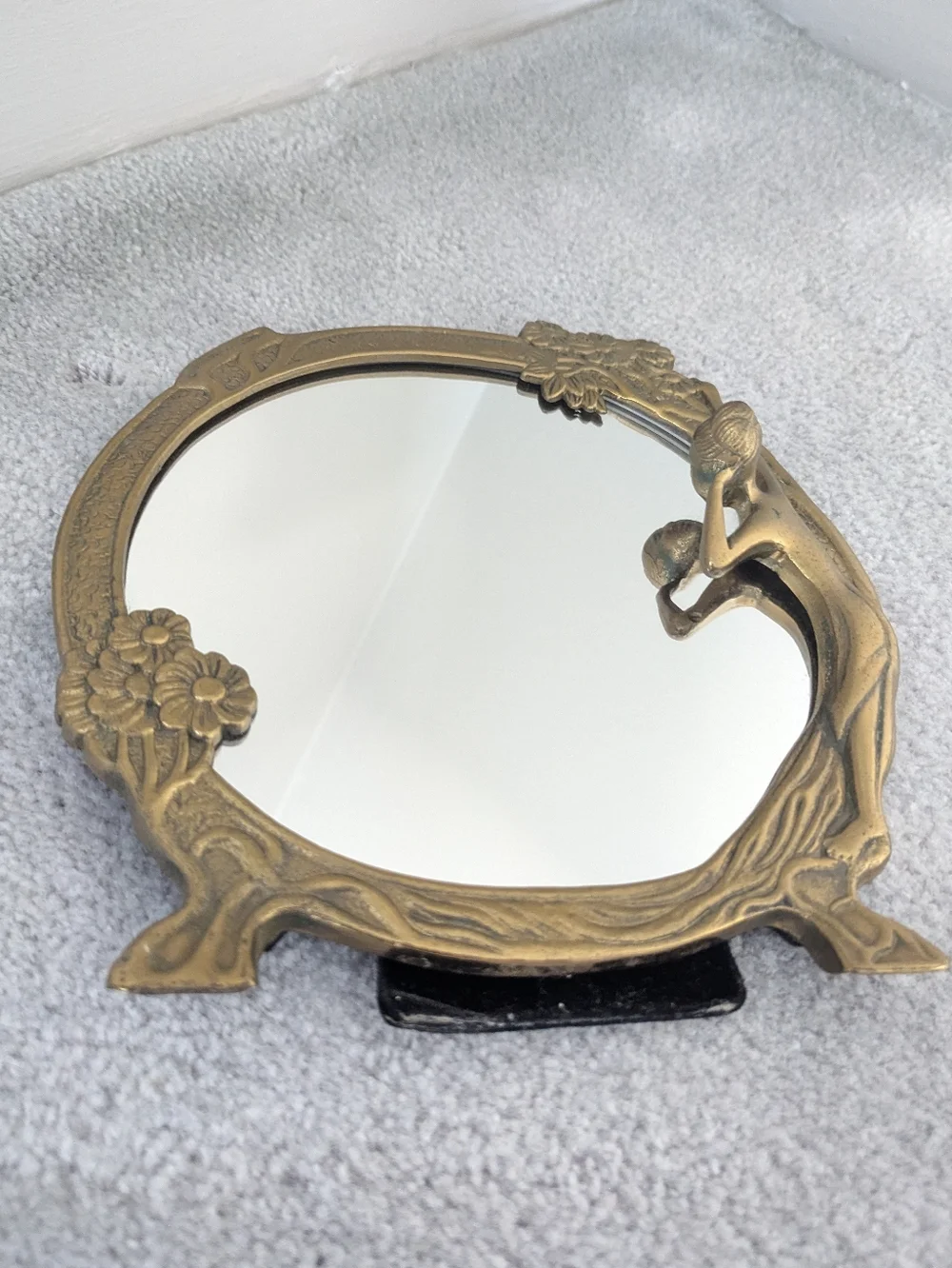 Vintage Art Nouveau Brass Lady Of The Lake Mirror
